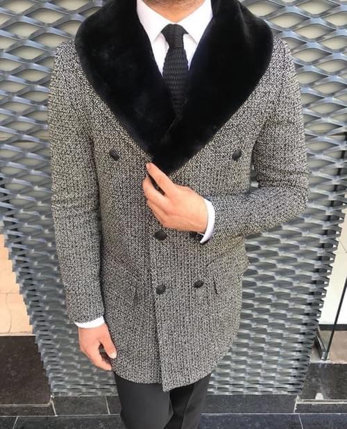 Grey Long Coat with Black Velvet Collar