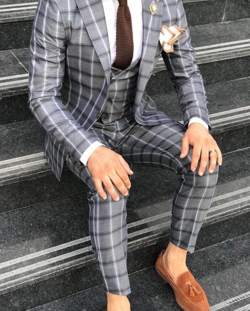 Grey Brown Squared Slim Fit Suit