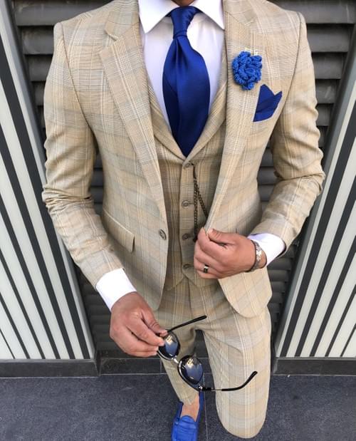 Beige Carré Slim Fit Suit