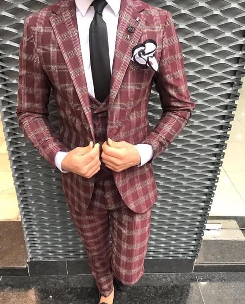 Red Squared Cotton Slim fit Suit