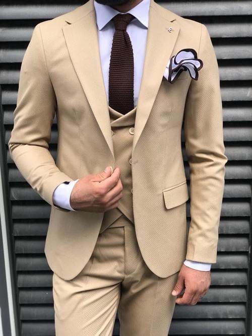 Light Beige Poly Cotton Slim Fit Suit