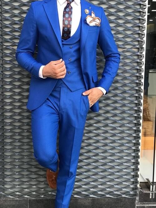 Blue Poly Cotton Slim Fit Suit