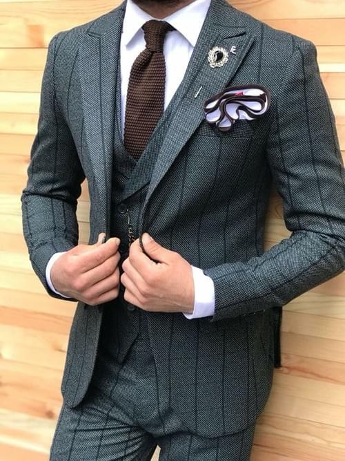 Dark Green Striped Slim Fit Suit