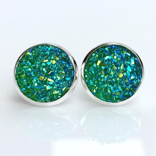 Iridescent green faux titanium cut druzy silver earrings