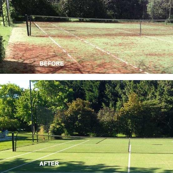 before and after of courtclean moss treatment on tennis court