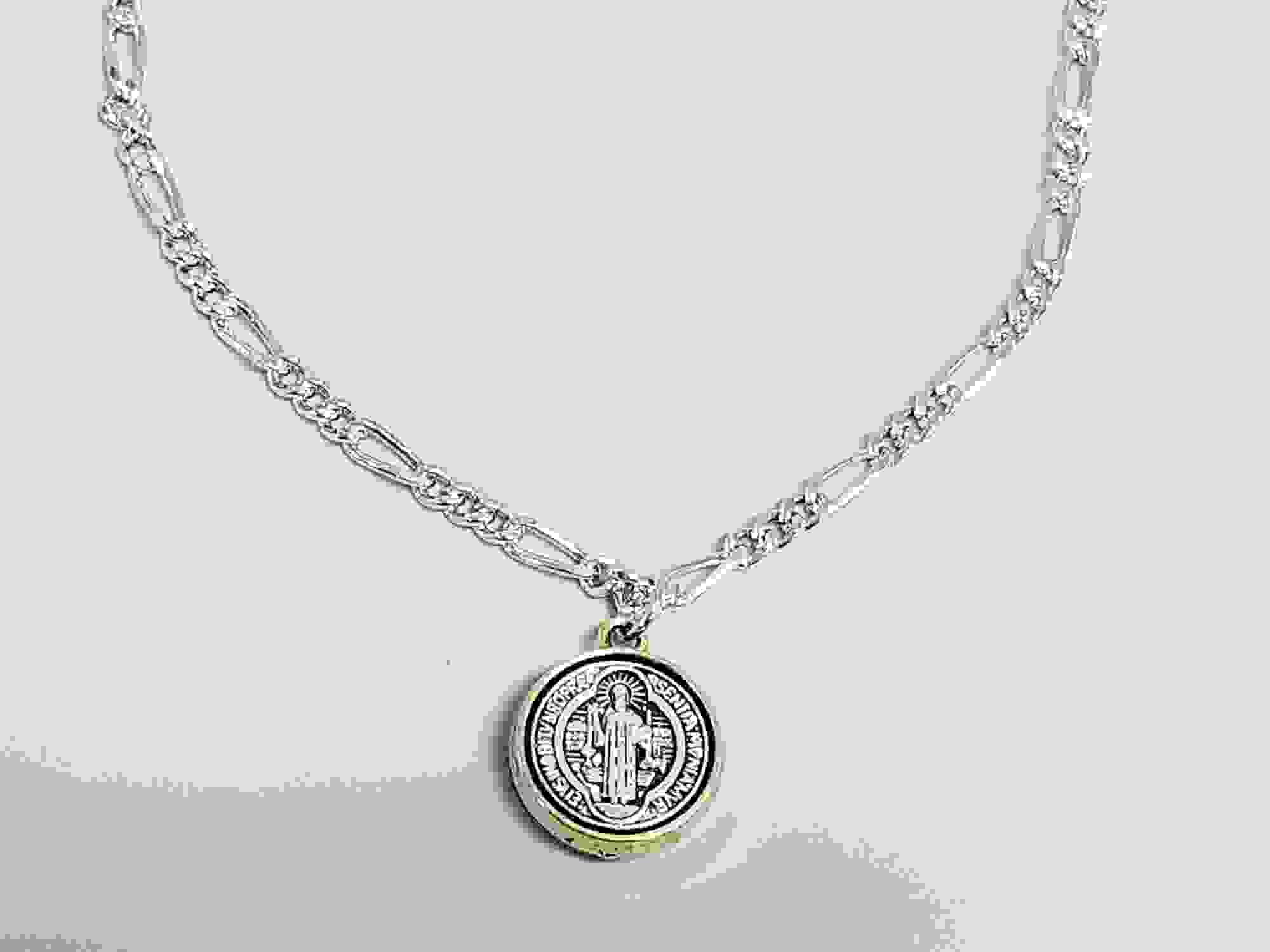 Two Toned Saint Benedict Coin Necklace - SILVER