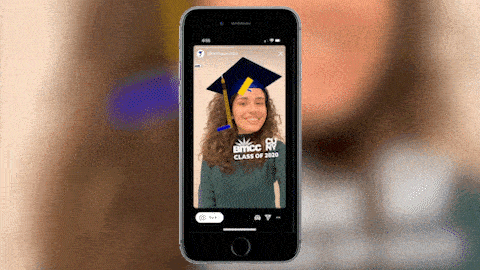 gif demonstrating an AR tour. A young woman stands in front of a large library building, holding up her phone. The image then changes to show her phone, where an AR tour featuring a story and an AR portal are enabled
