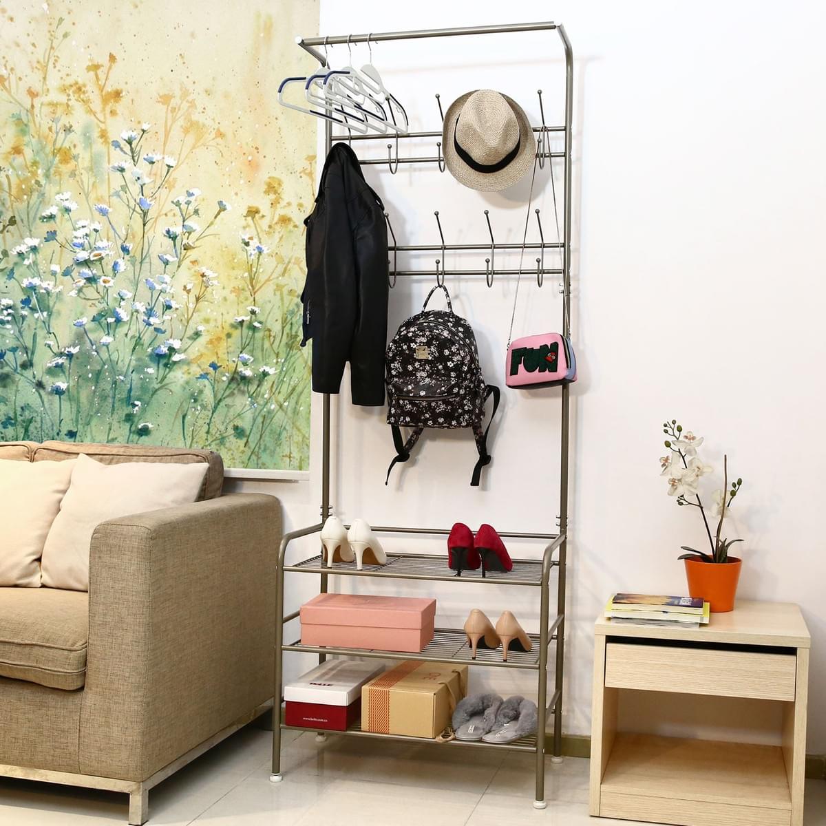 HOMFA Metal Entryway Coat Shoe Rack 3tier Shoe Bench with Coat Hat