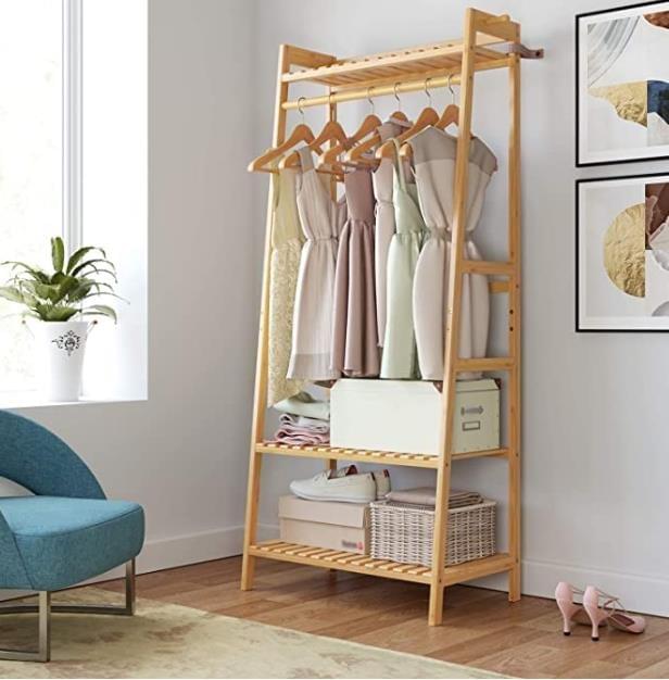 Homfa Coat Rack Bamboo Coat Rack with 3 Shelves Hook Clothes Rail