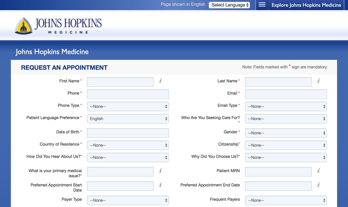 How top US hospitals approach their online appointment request form(02)