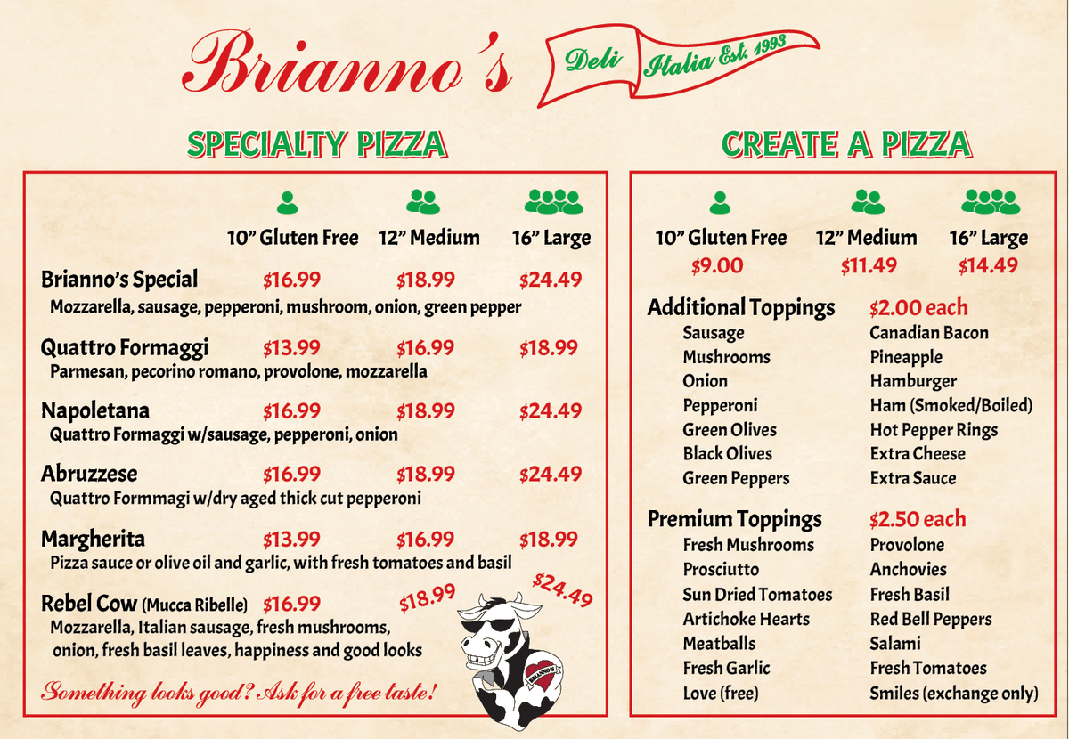 Menu Brianno's Deli Italia