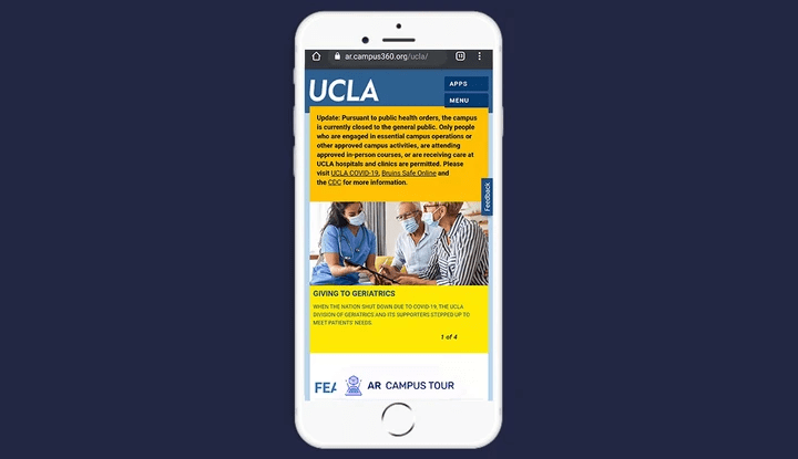 gif demonstrating an AR video. A phone screen shows a set of stairs, in front of which is an AR popup of a video giving information about the site