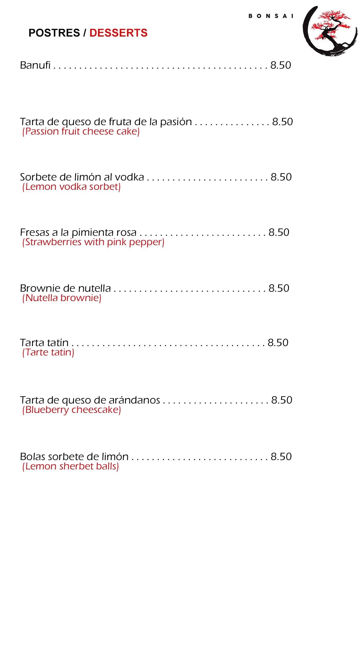 Carta Bonsai Restaurante de Fusión Asiática en