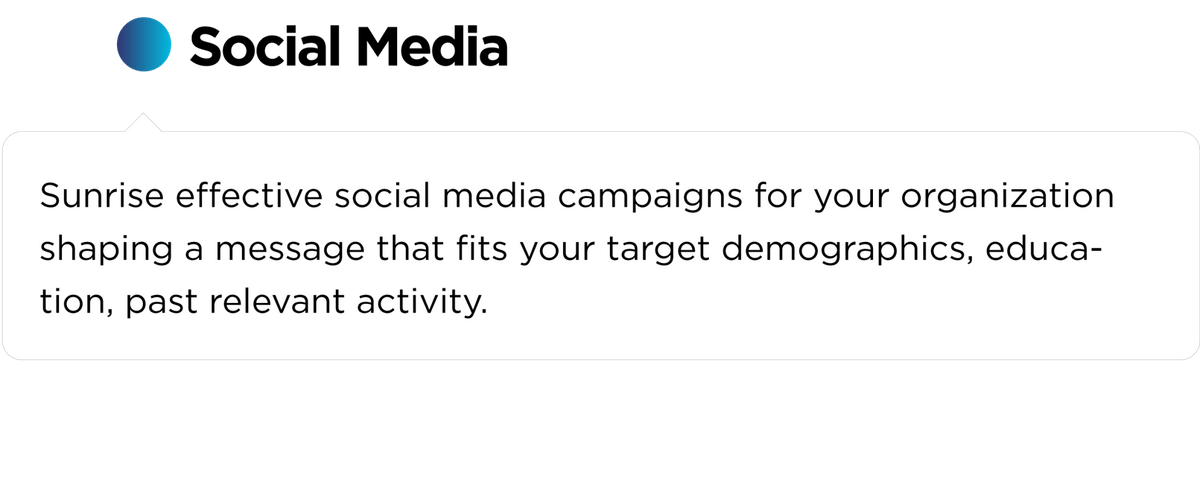 text: "Social Media: Sunrise effective social media campaigns for your organization shaping a message that fits your target demographics, education, past relevant activity"