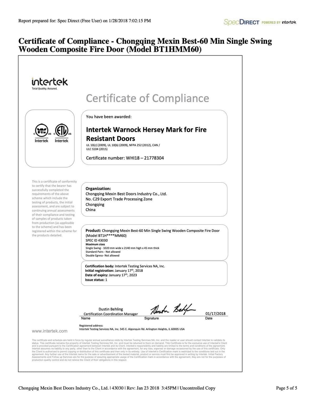 Mexin Fire Door Certifications