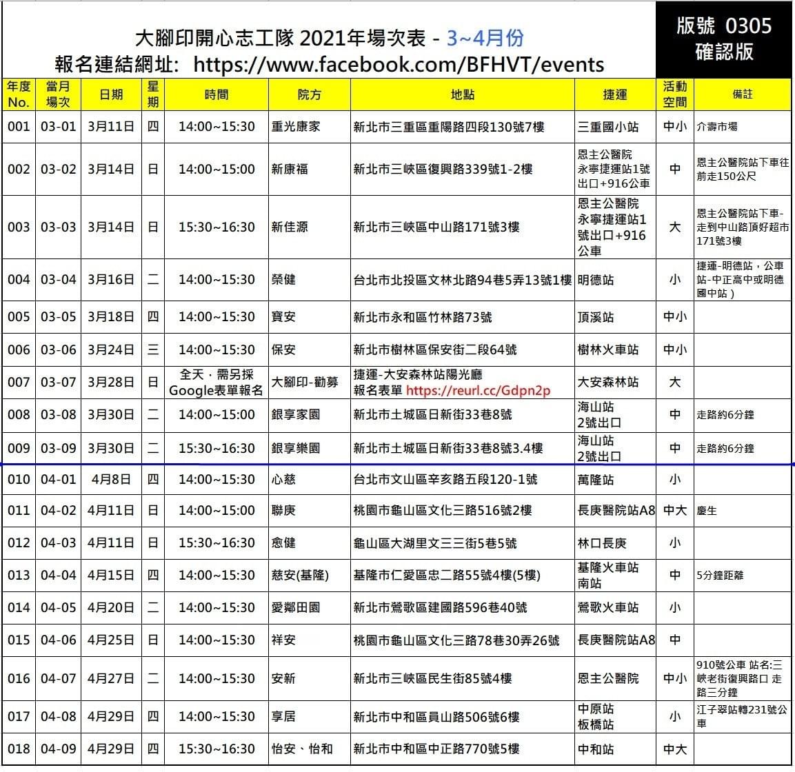 場次表 2021年3 4月活動 活動場次表電子報