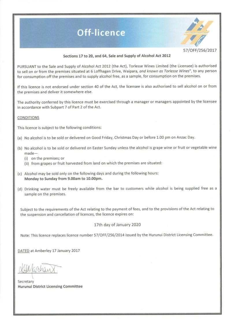 Torlesse off licence certification