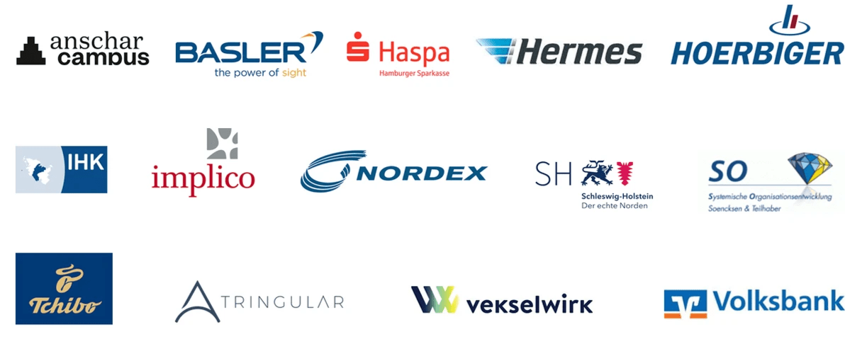 Logos unserer Kunden wie z.B. Basler AG, Hermes, Hoerbiger, NEW WORK SE, IHK und die Hamburger Sparkasse.