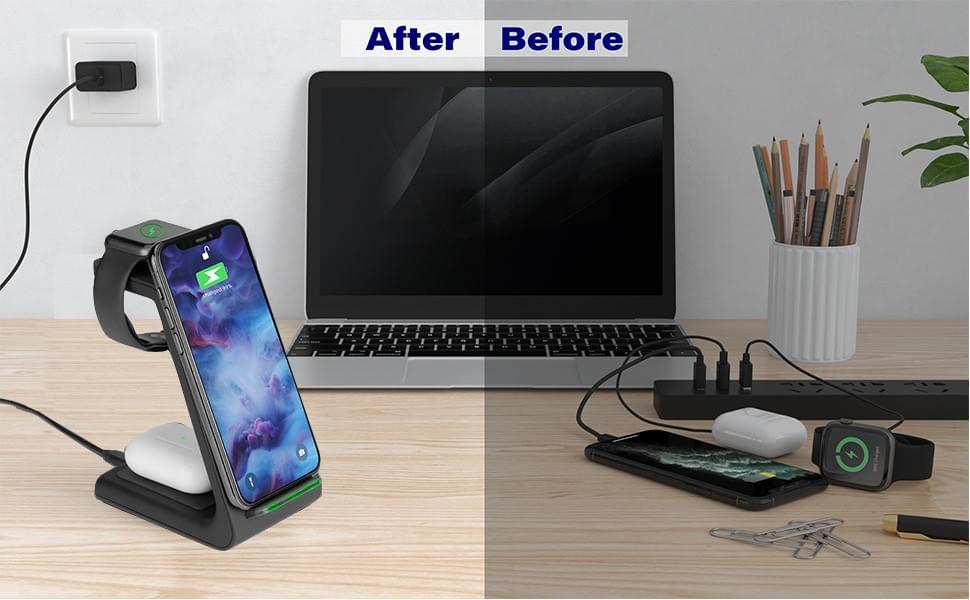 Geekera Wireless Charger Stand 3 In 1 Wireless Charging Station Dock<script async src=