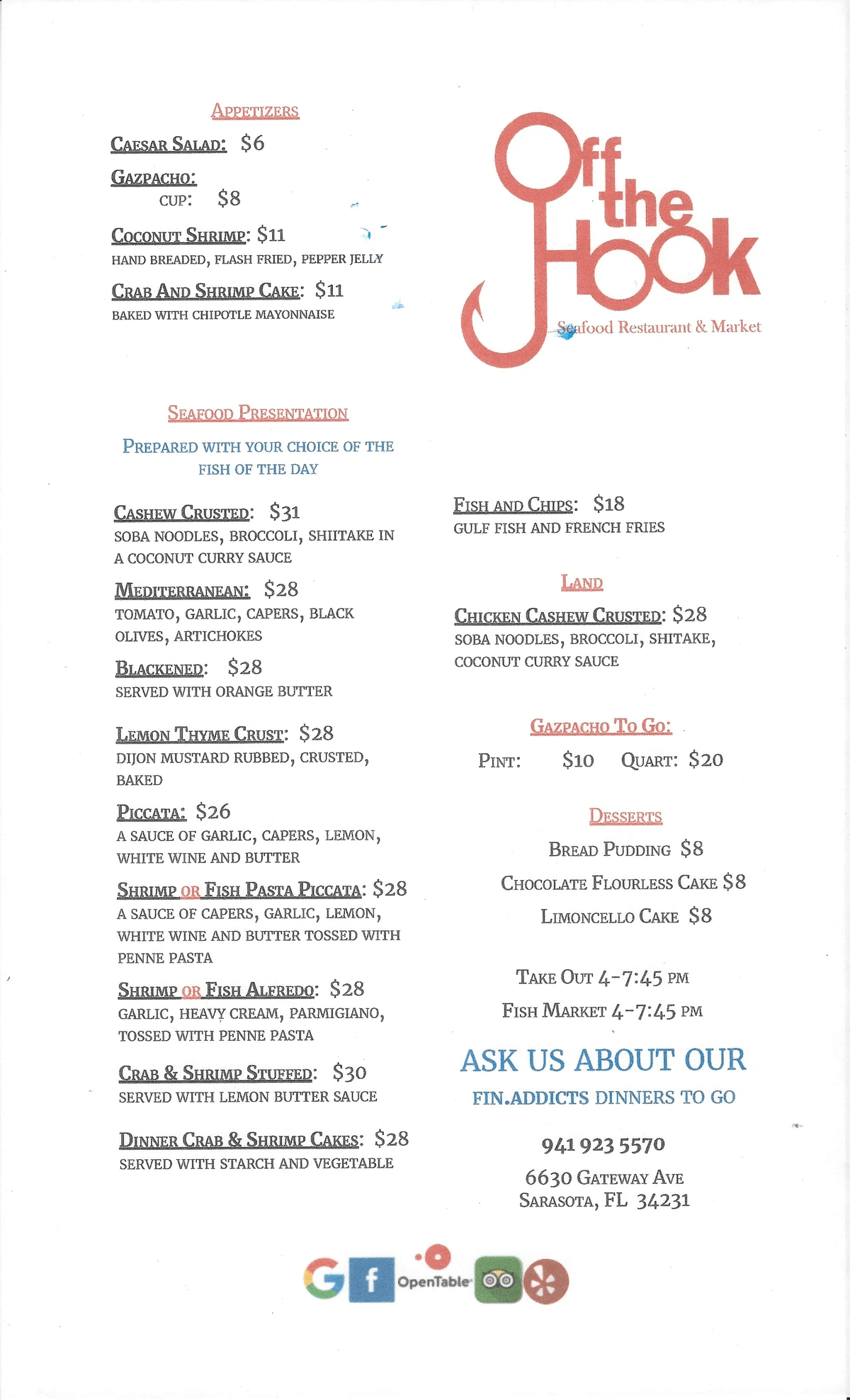Dinner Menu Off The Hook Seafood Co Gulf Gate Sarasota Fl 34231