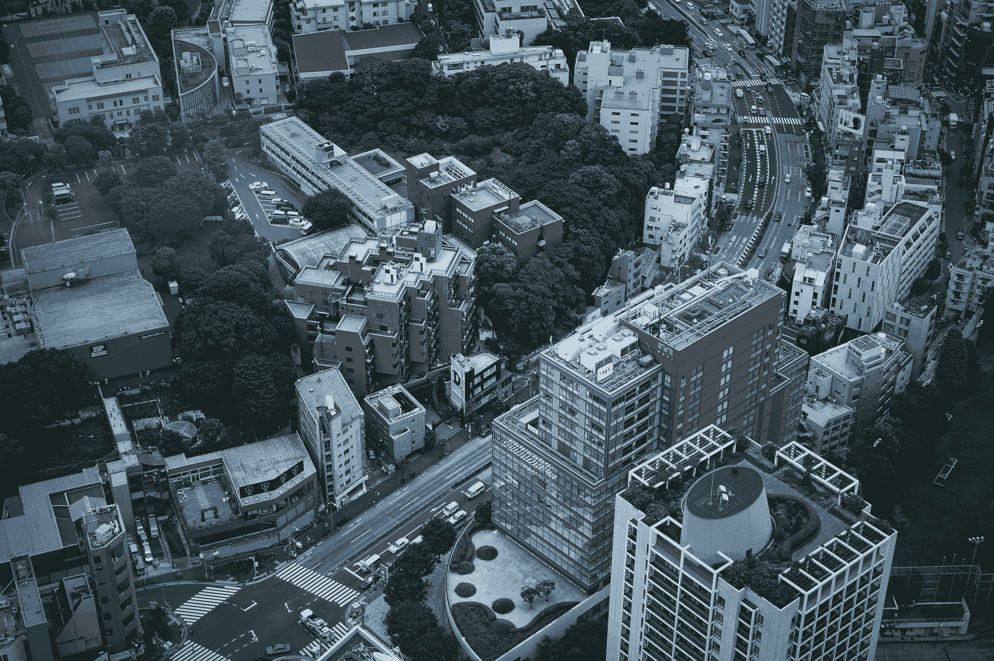 Aerial view of integrated capsule home community in urban setting
