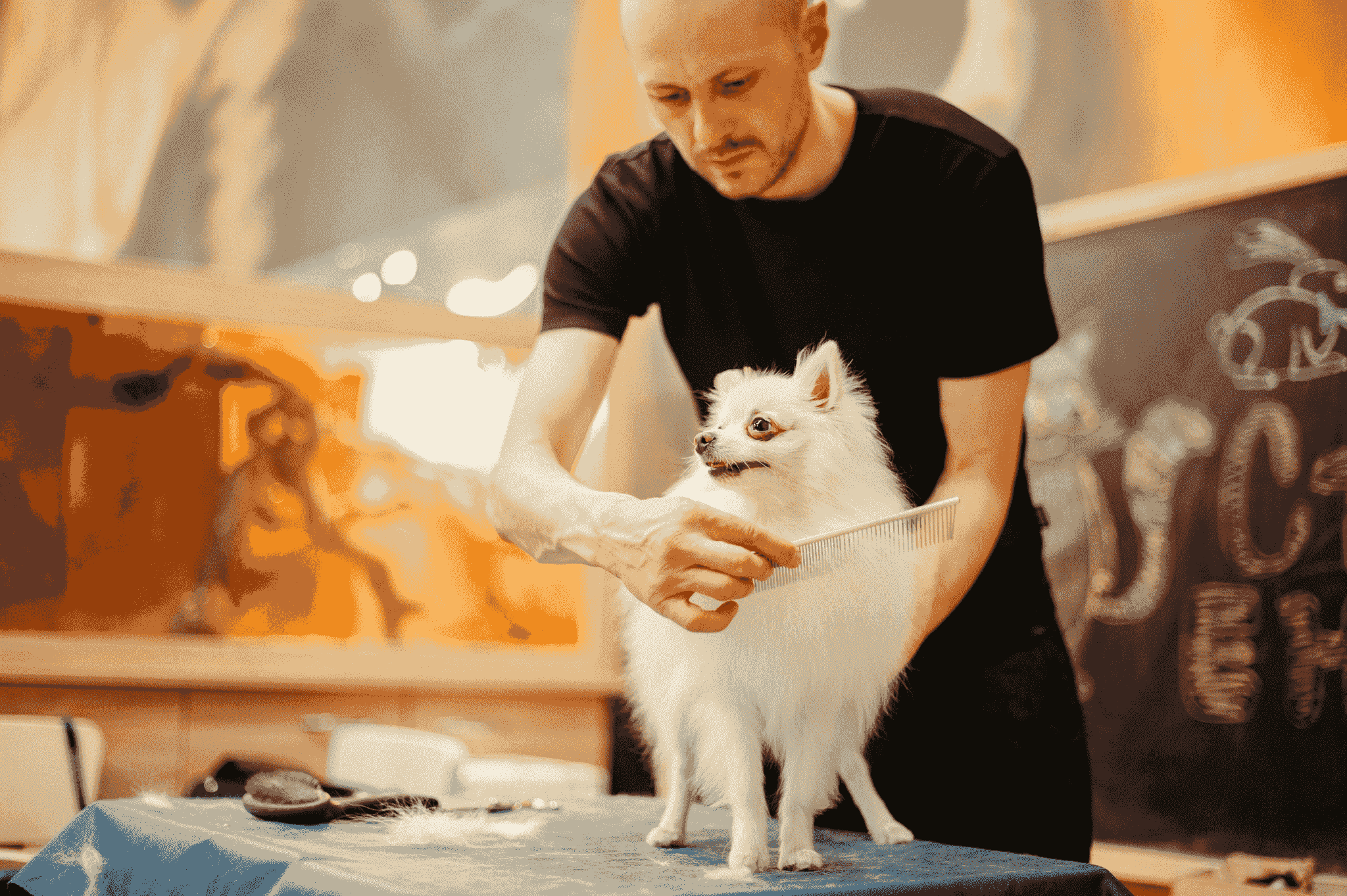 A pet being groomed and getting checked for ticks, fleas and worms