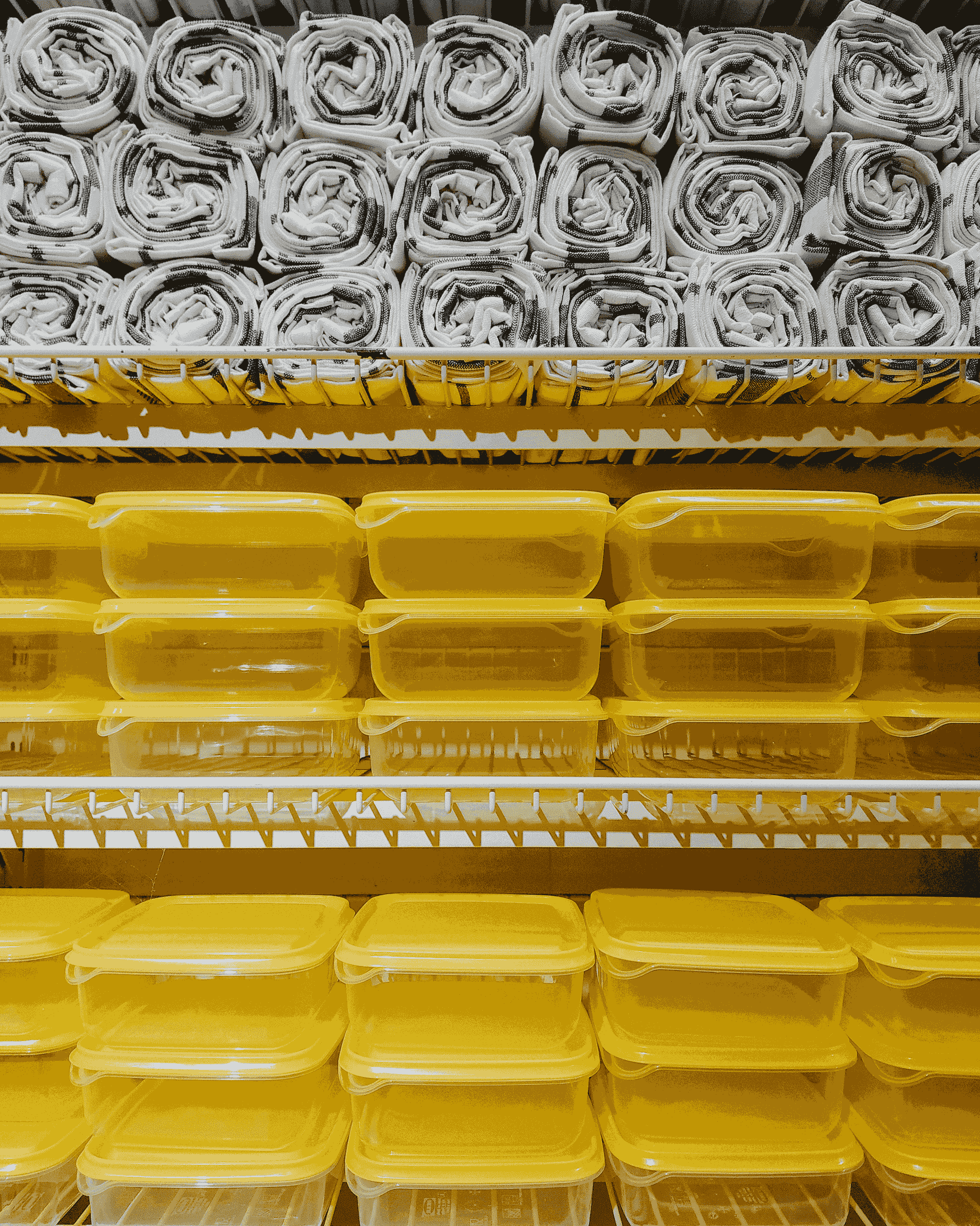 folding container collection displayed in an organized manner
