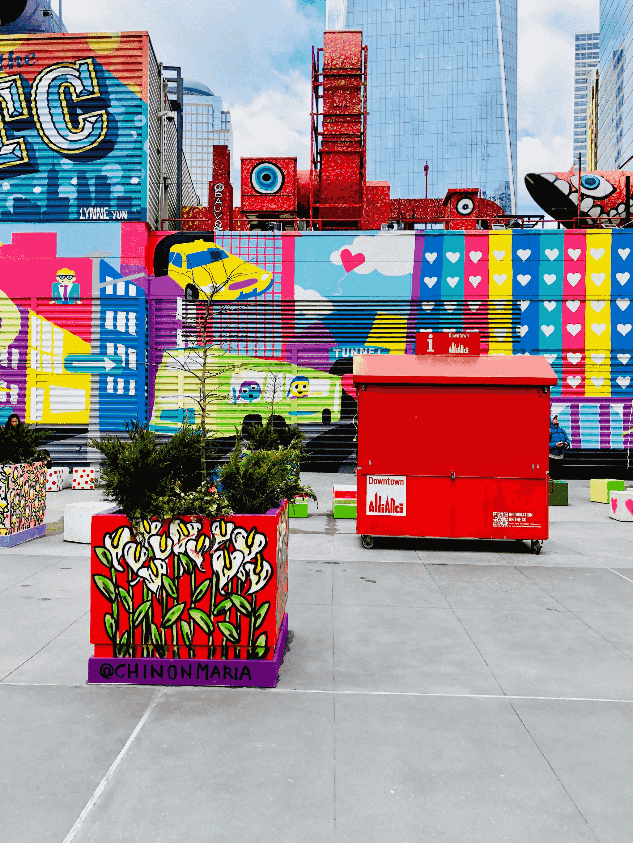 Artistic display using shipping container flat pack structures.