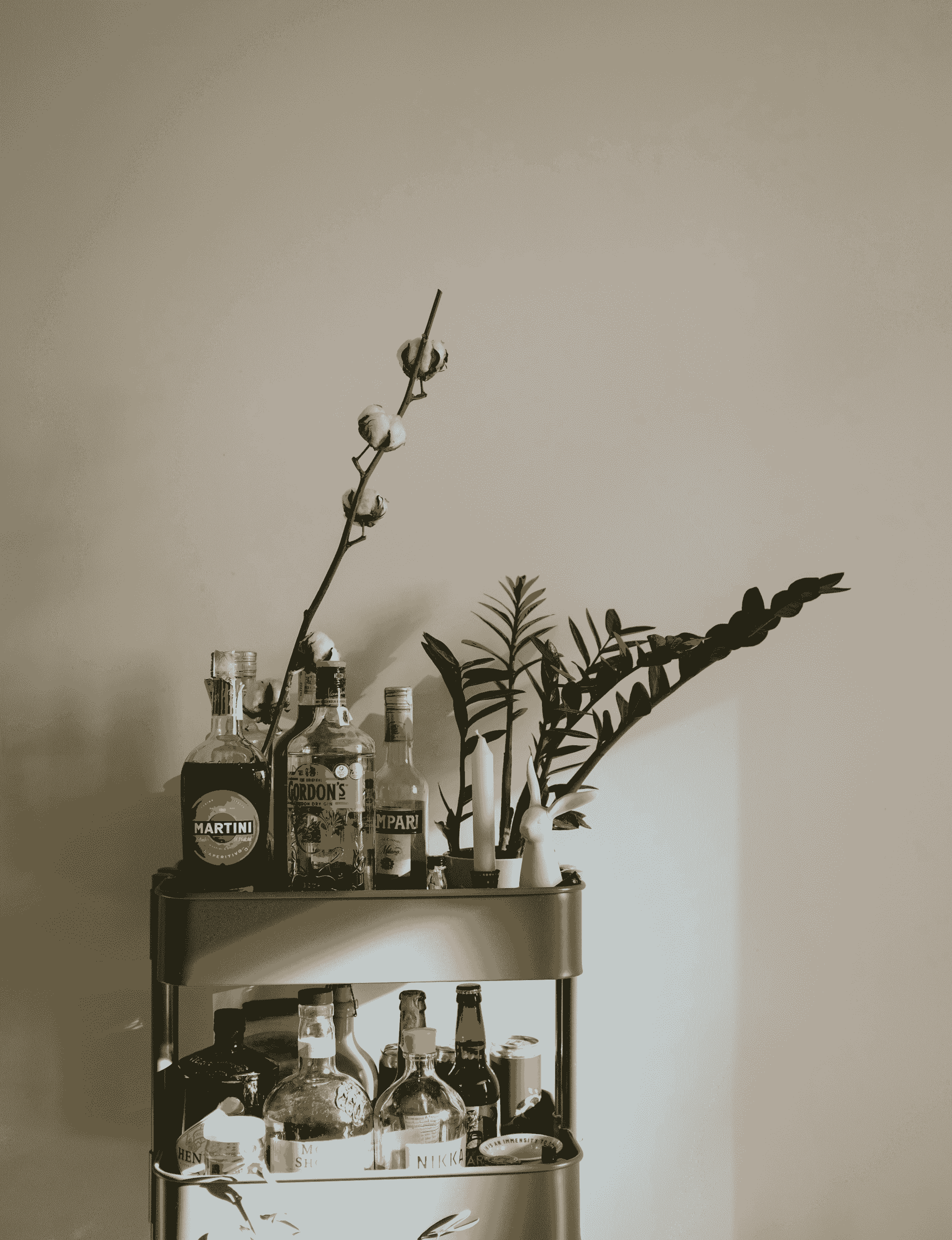 Stylish moveable bar setup showcasing spirits and glassware.