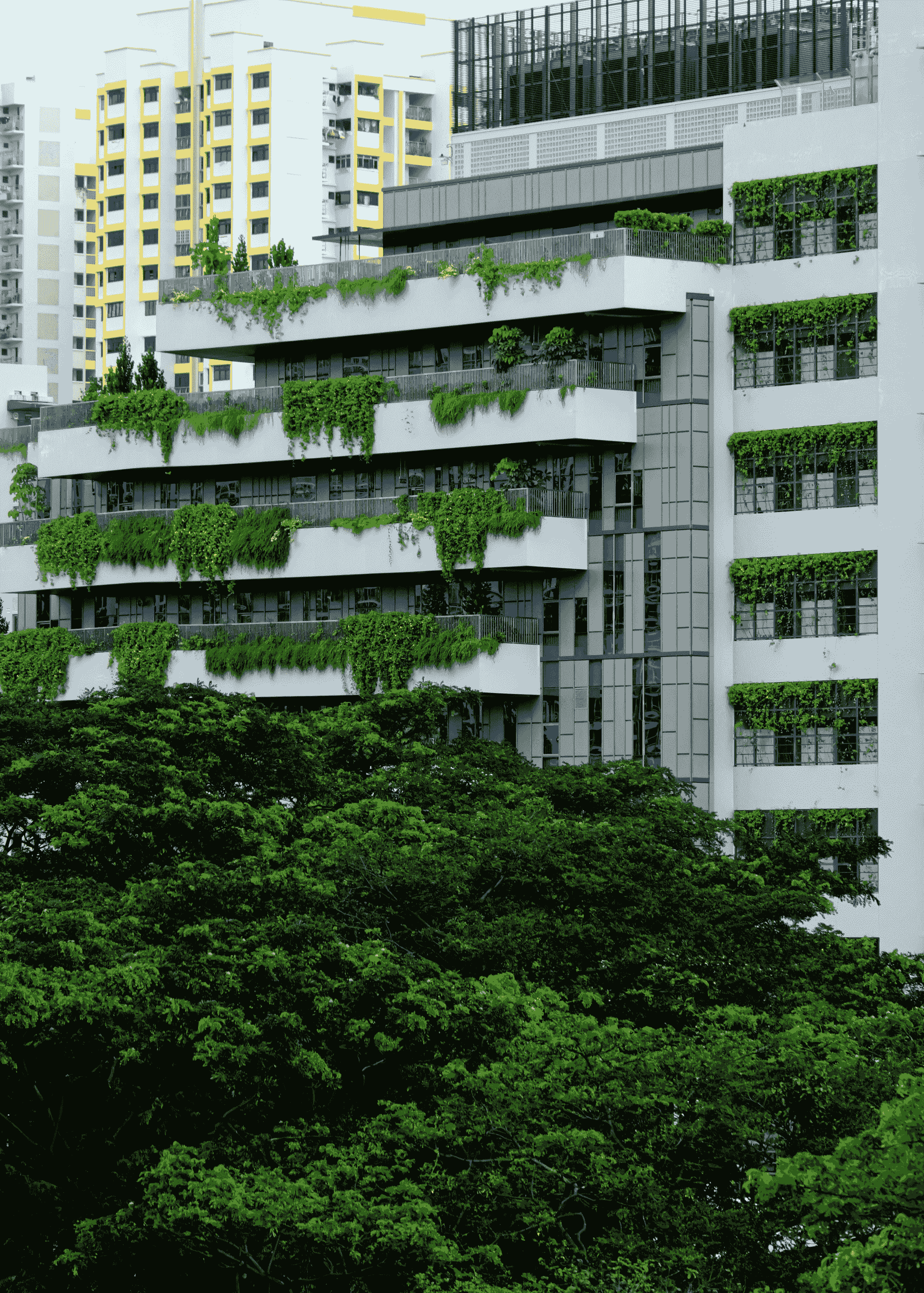 Modular apartment buildings with integrated green spaces