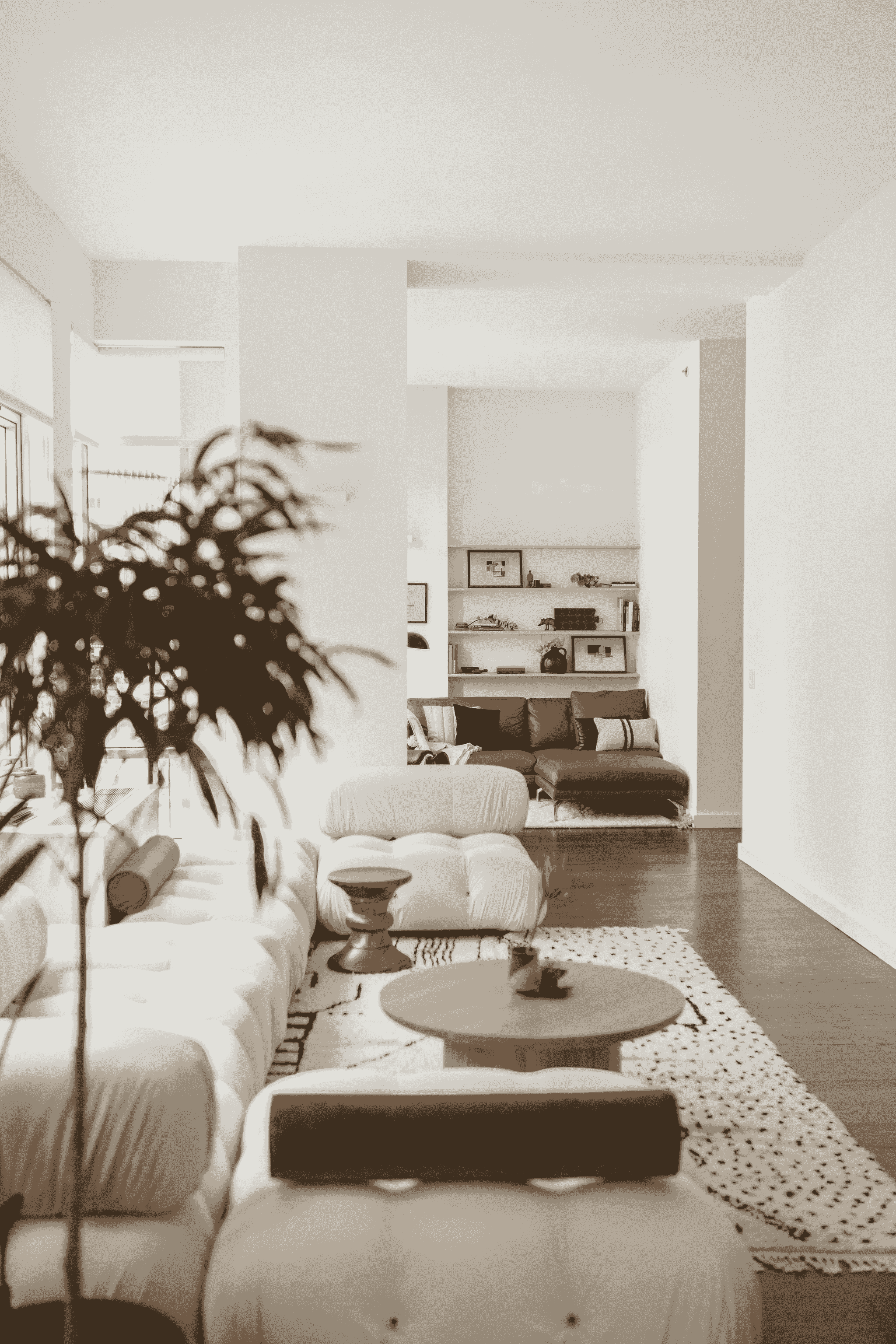 Elegant living room with glossy white china floor tiles