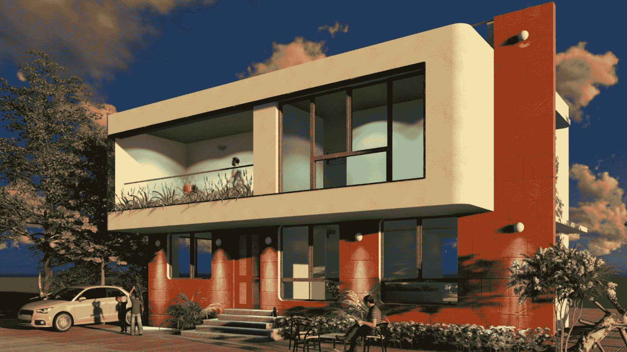 Stylish exterior view of duplex modular homes