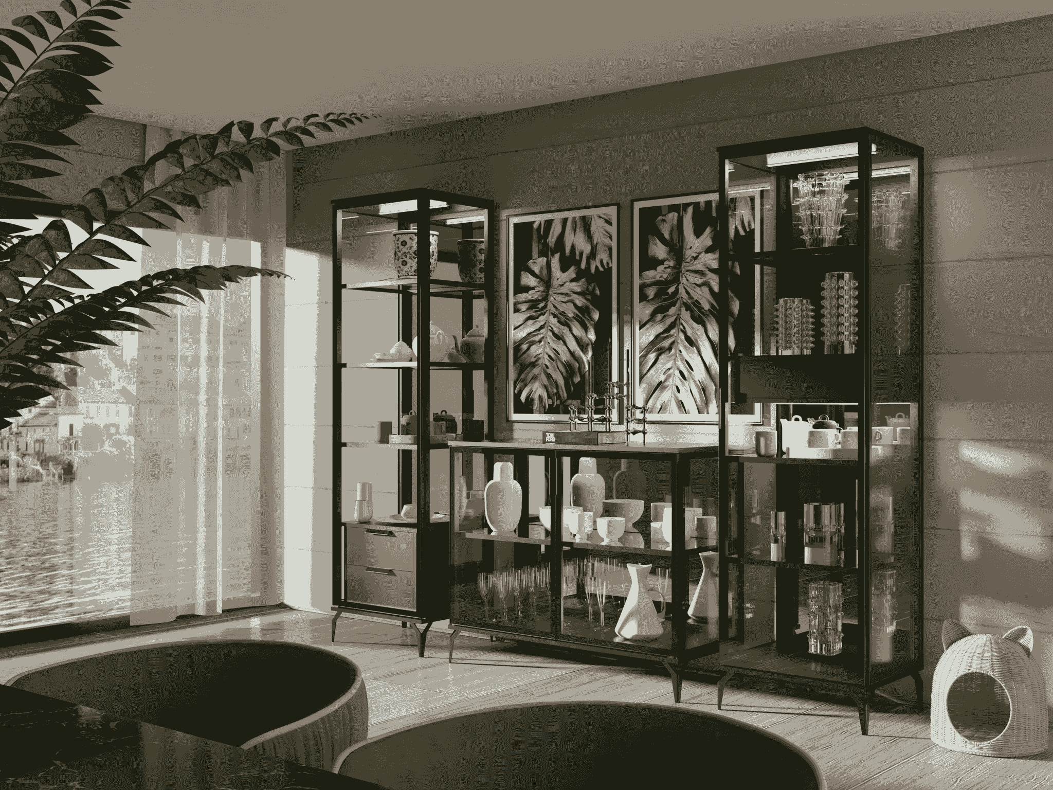 Antique Ming Dynasty cabinet in modern living room showcasing versatility of china furniture