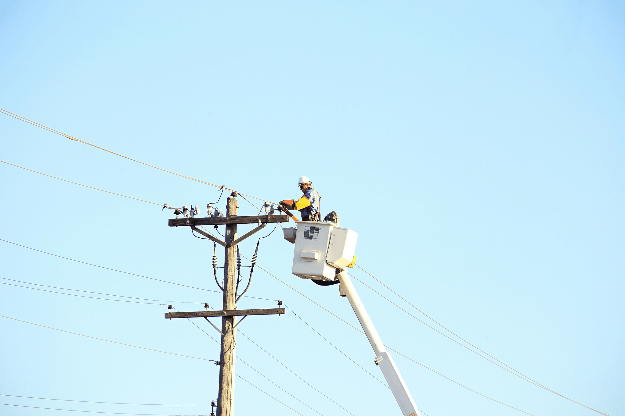 Technician securing a hotline clamp on a power line.