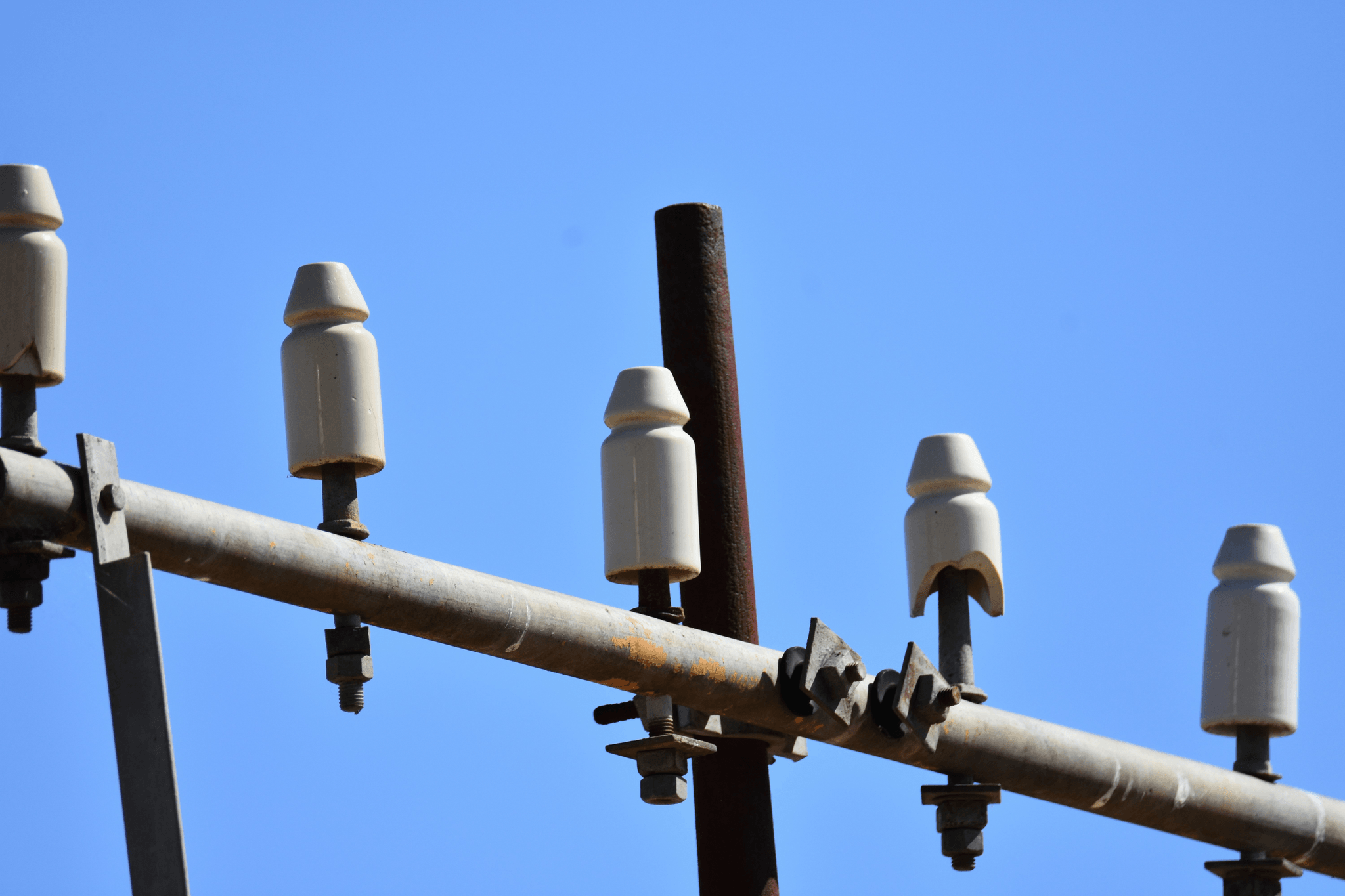 Different types of power line insulators displayed on a utility pole