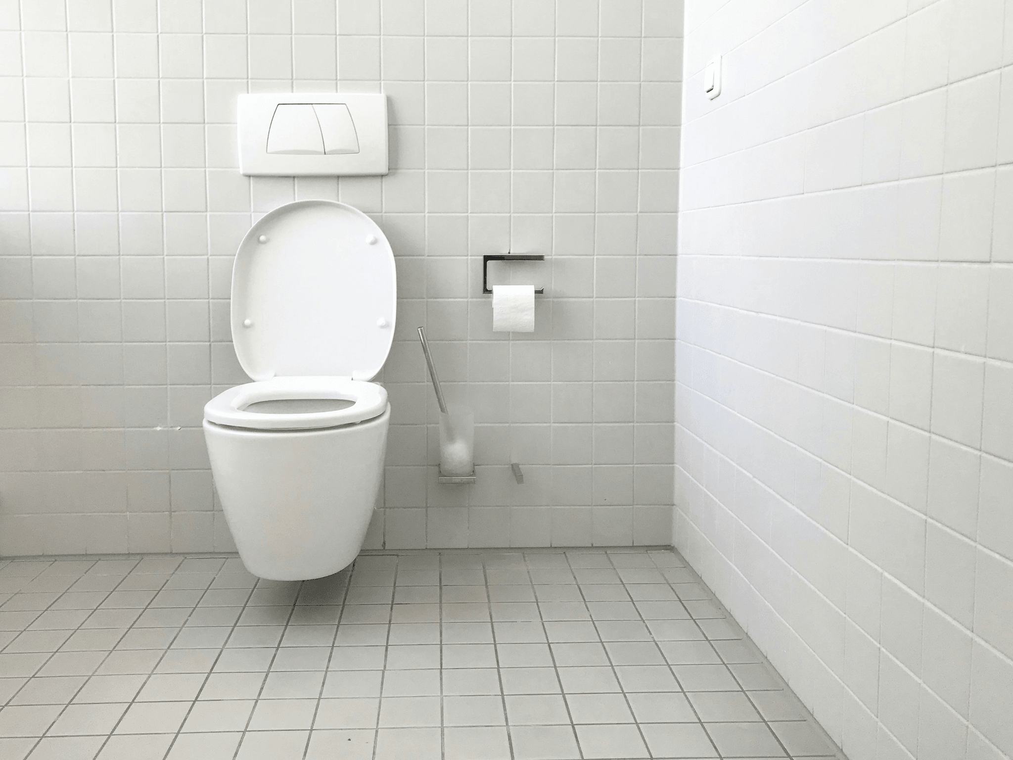 White tiled floor and walls with a modern commode, toilet cleaning bruch and toilet paper holder.