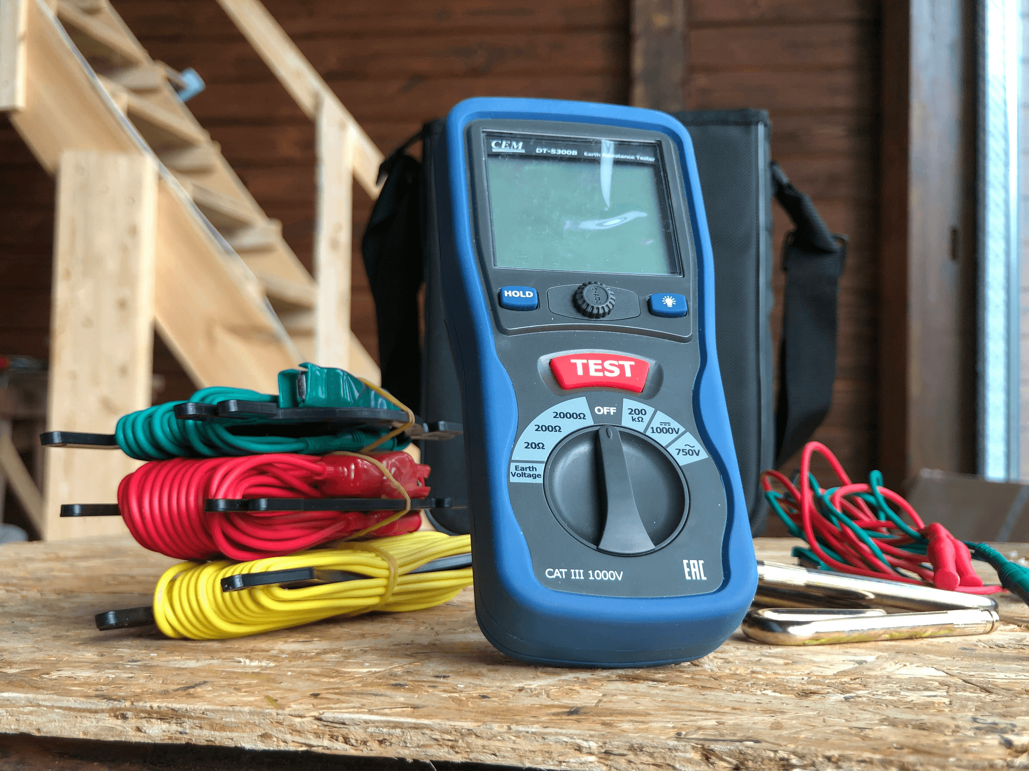 Power cable electrical testing setup.