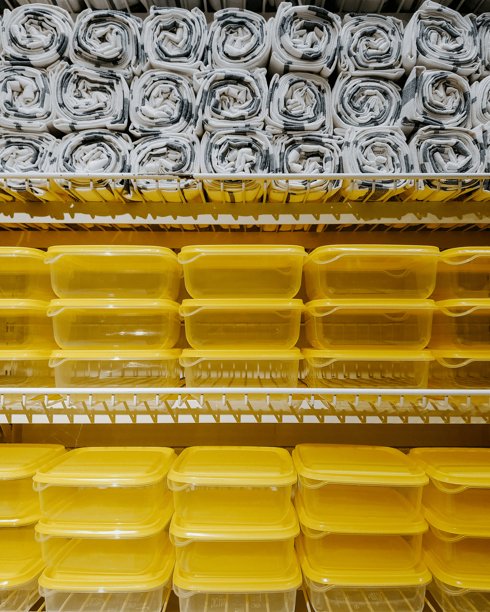 folding container collection displayed in an organized manner