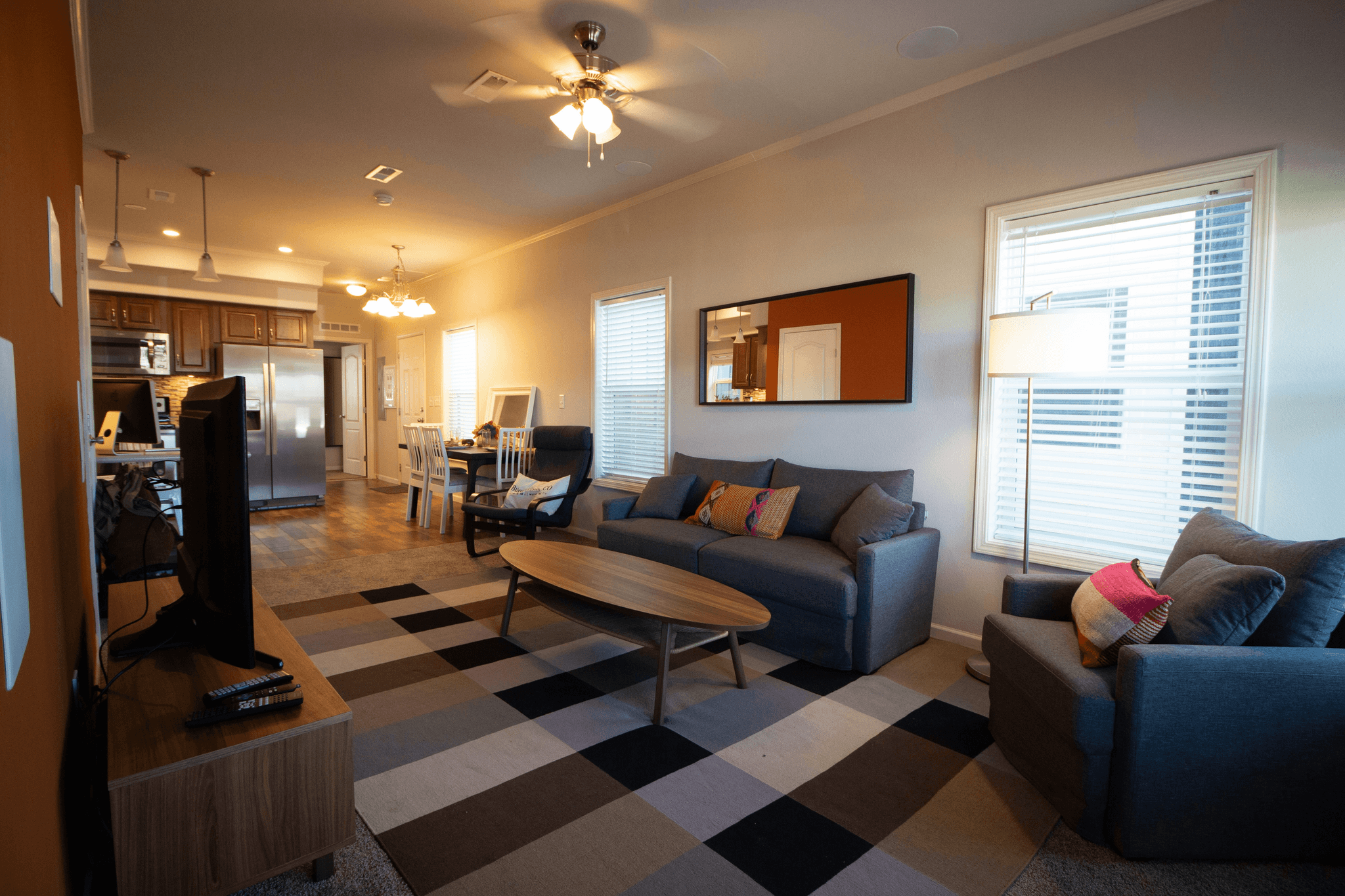 Stylishly designed mobile home living room with multi-functional furniture