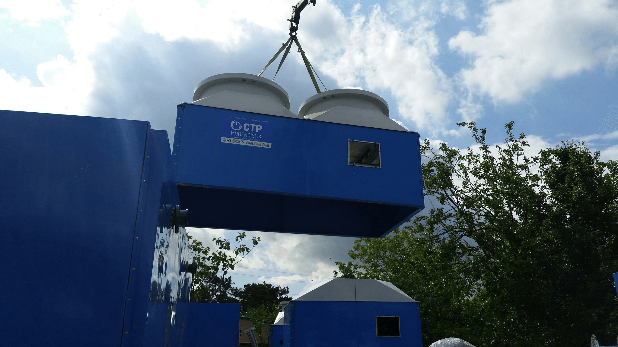 Portable toilet container at a construction site