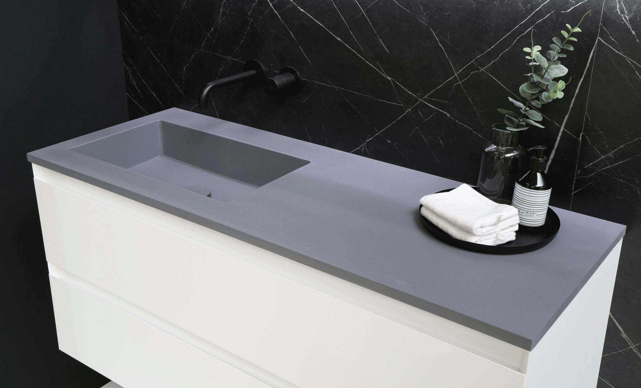 Best Bathroom Vanity Manufacturers - Premium Black Vanity Cabinet with White Marble Countertop