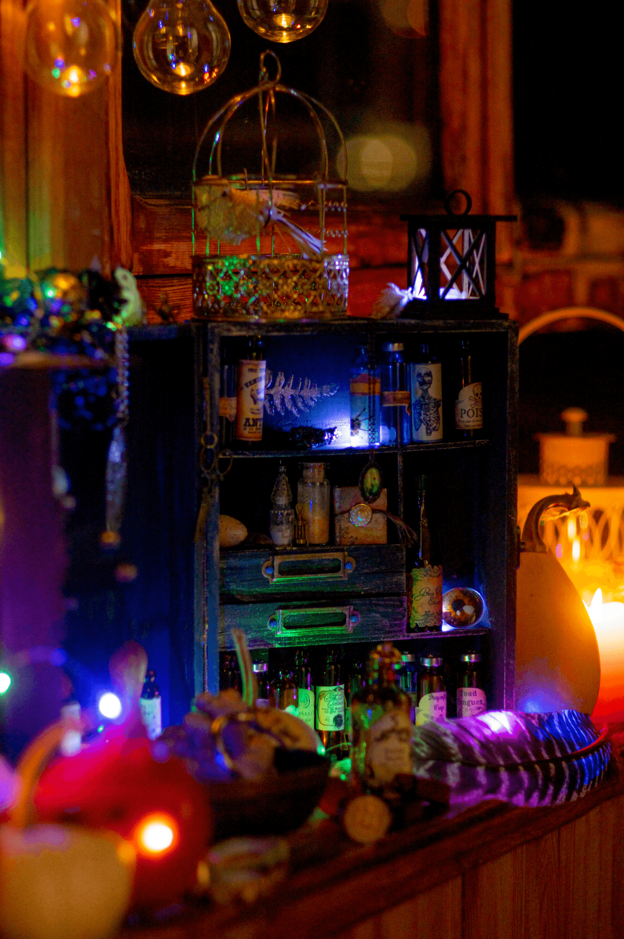 Stylish moveable bar with organized spirits ready for entertaining