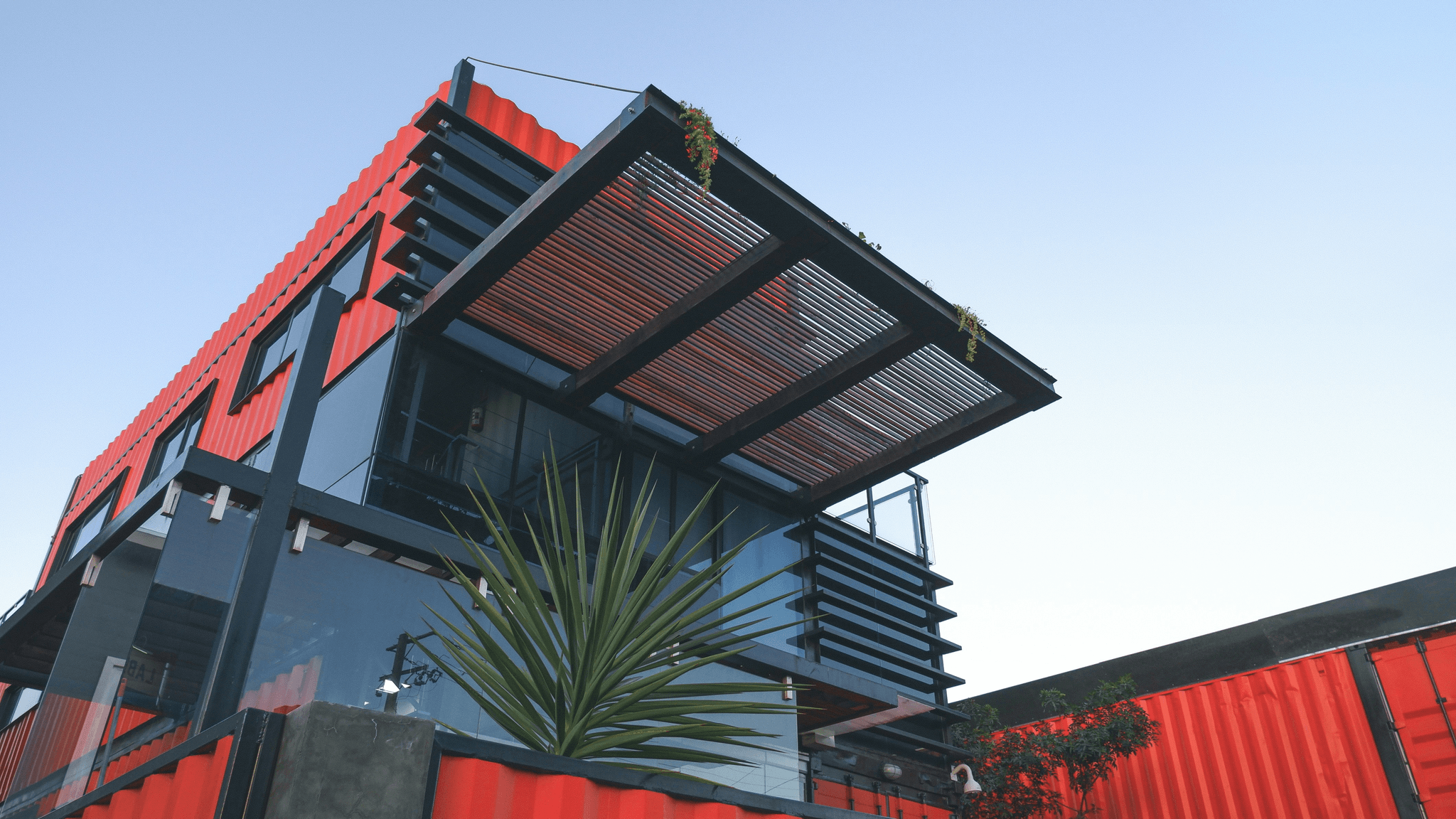 Conex container home with sustainable design.