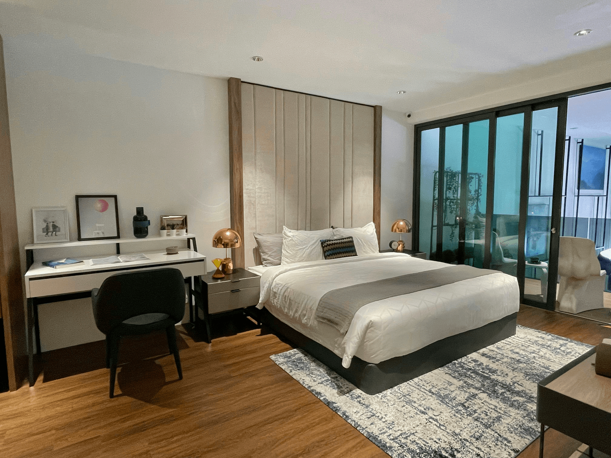 Stylishly designed prefab hotel room with modern furniture