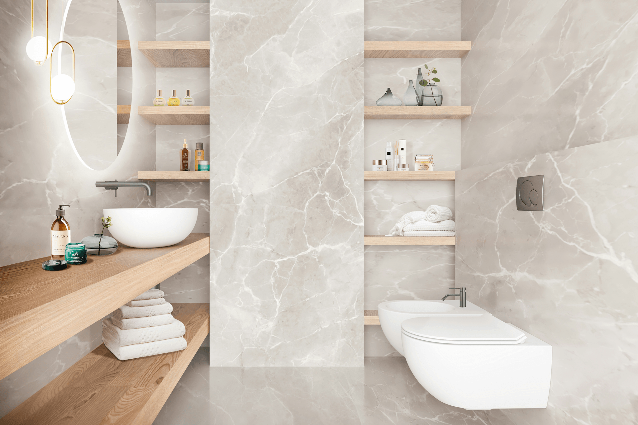 Luxurious bathroom with different tile materials