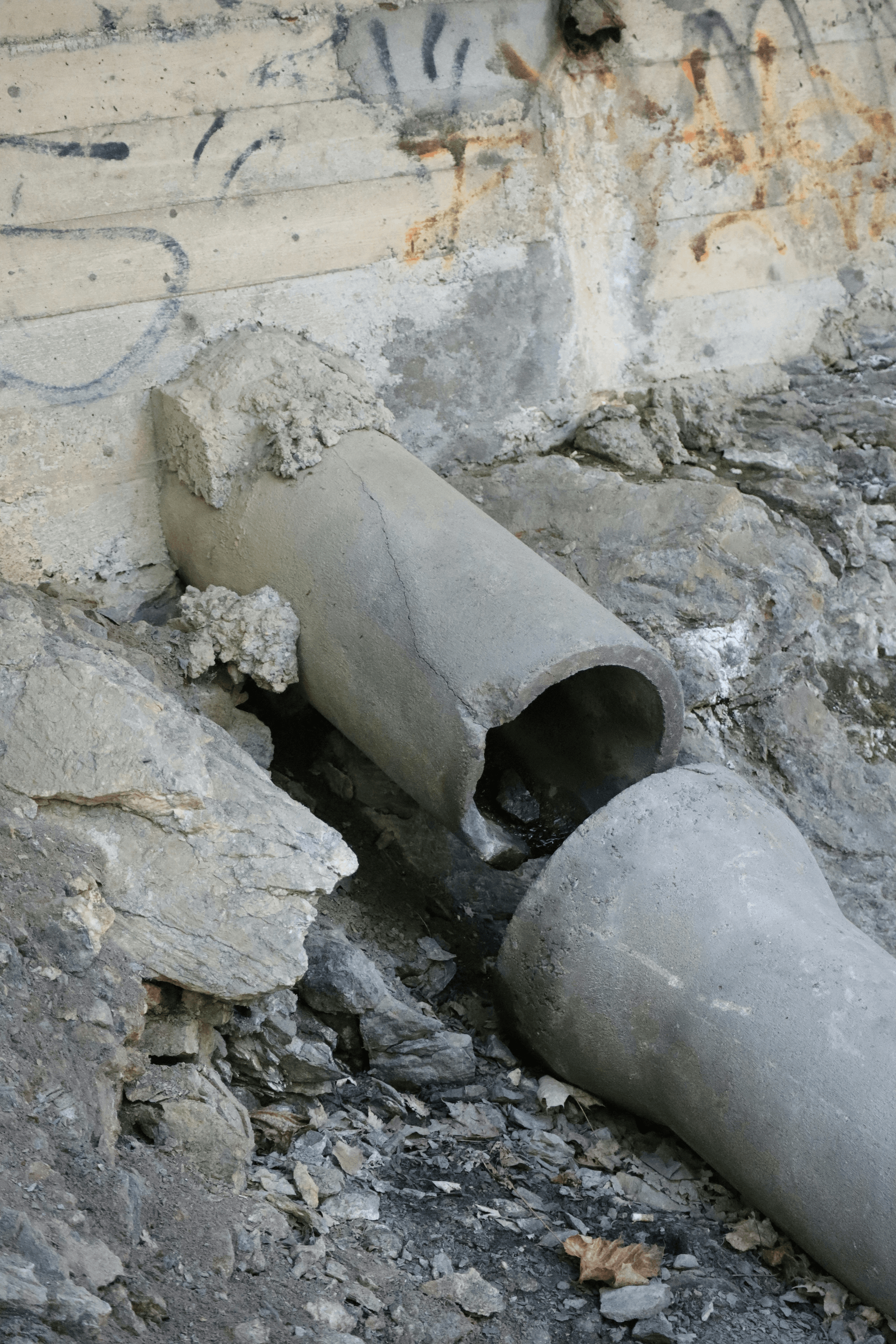 broken pipe connection at ground level going into a wall.