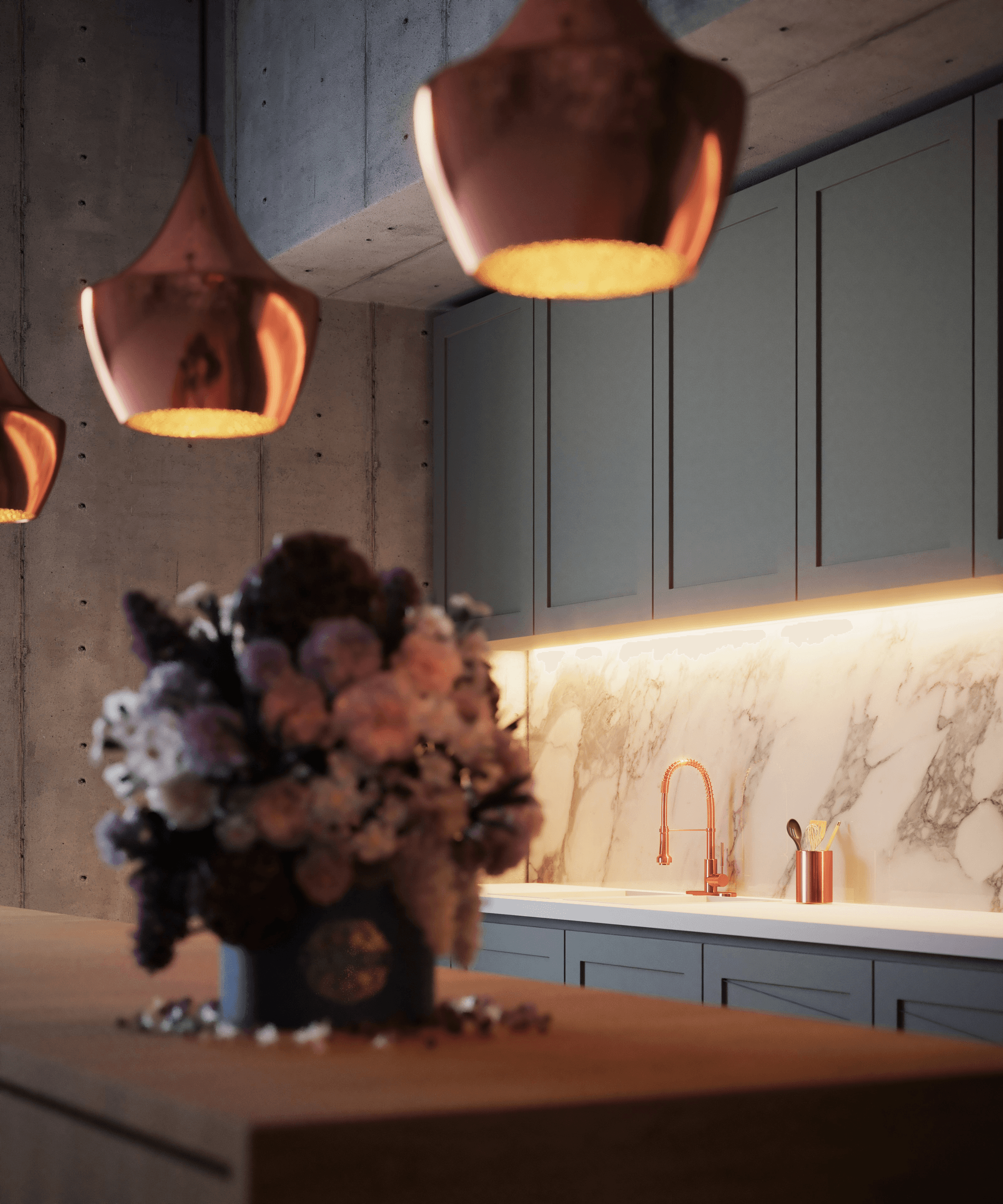 Illuminate navy blue cabinet spaces with pendant lights