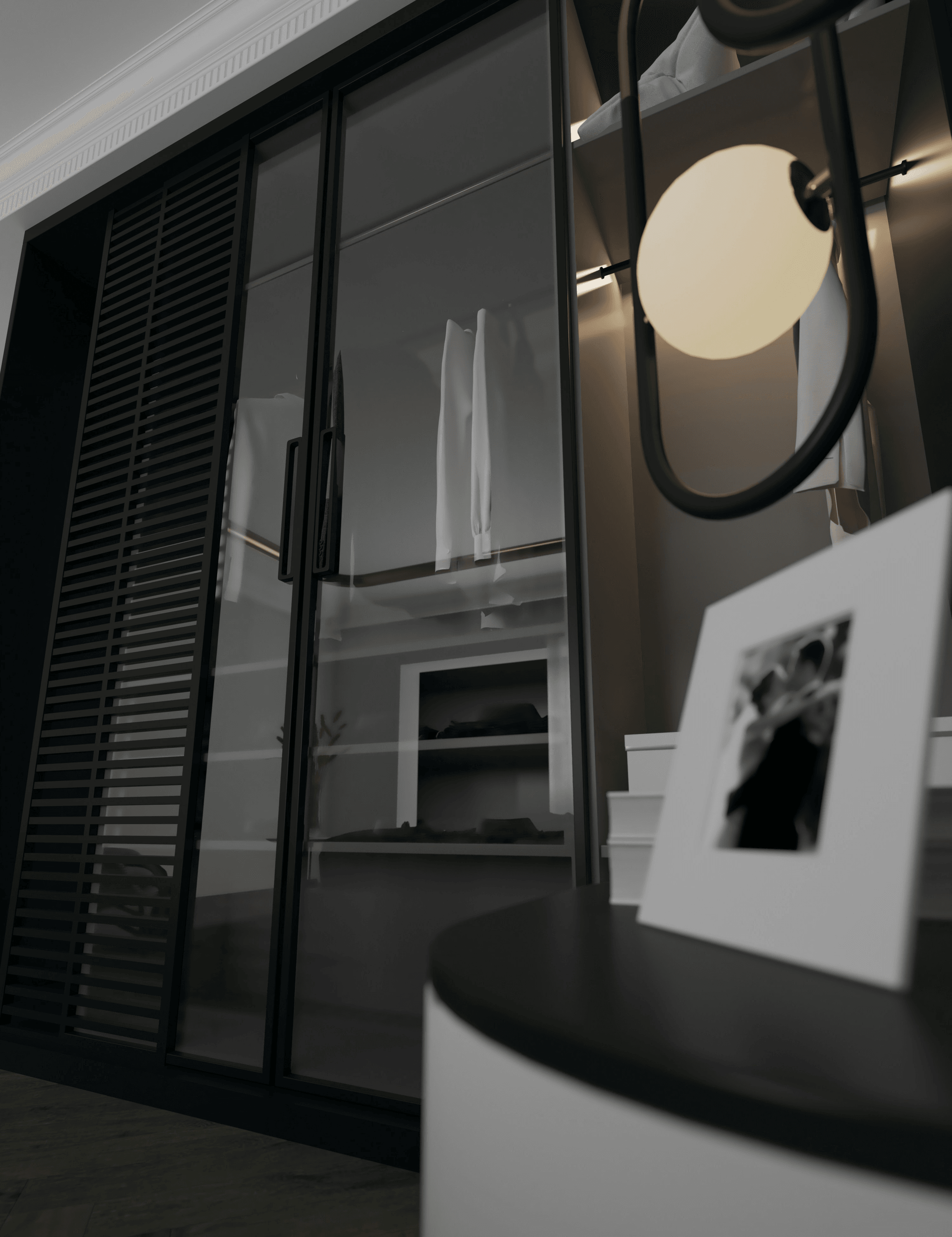 Modern bedroom with elegant mirror closet sliding doors