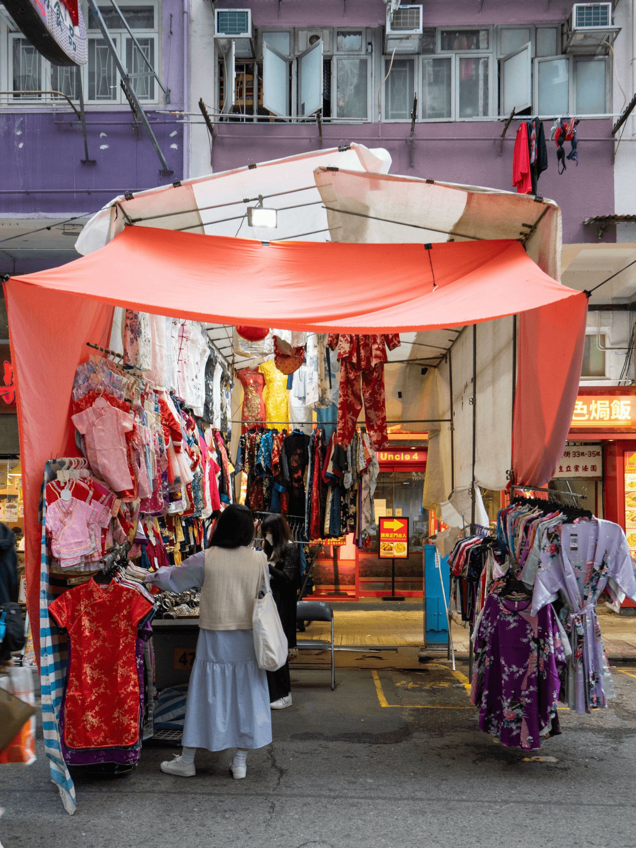 Vibrant street market showcasing diverse offerings from chinese clothing vendors