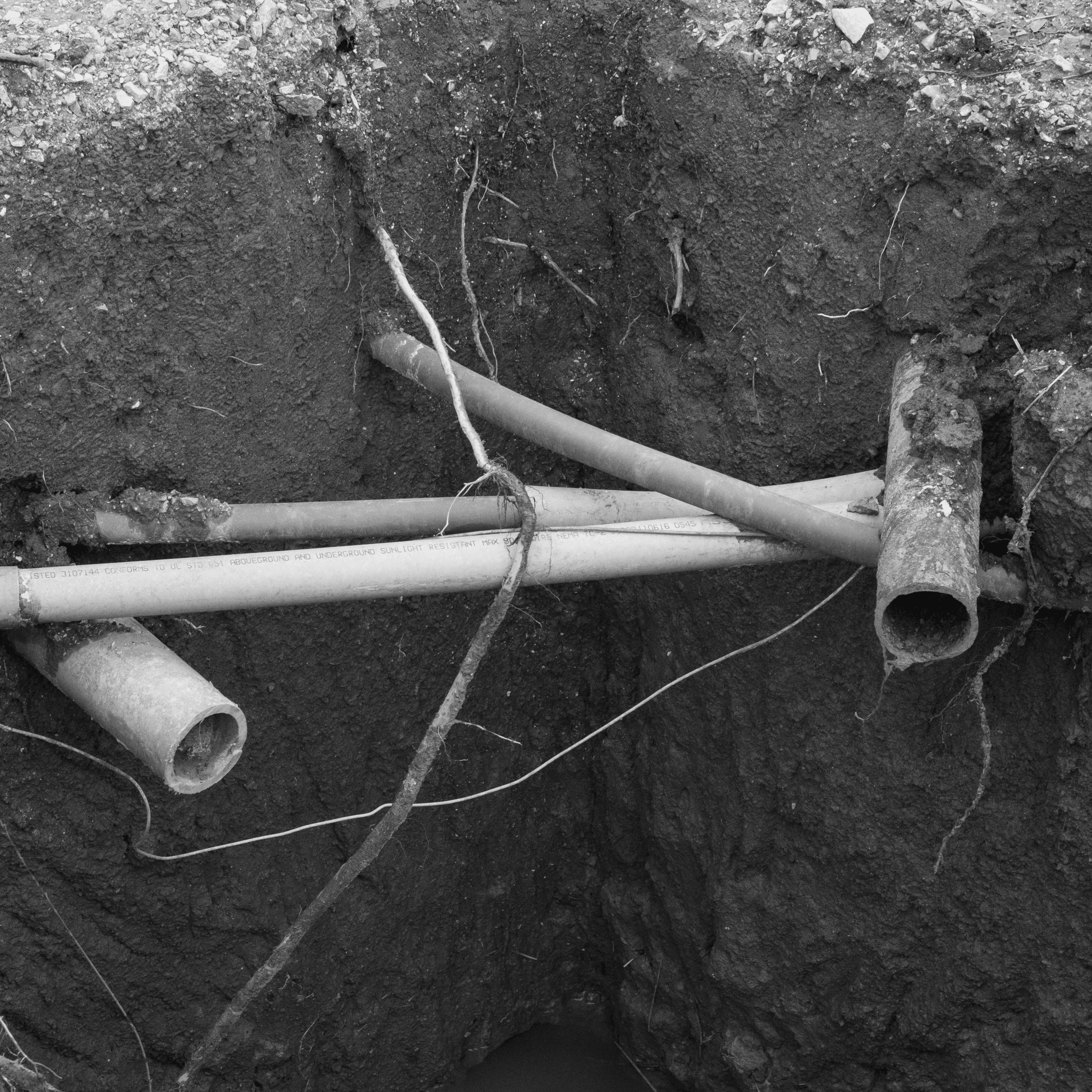 a bunch of crisscross water and drain lines underground, but exposed to work on them. 